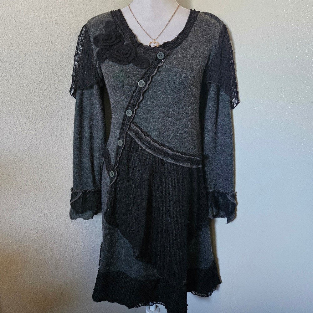Pretty Angel Gray Mixed Media Lace Sweater Dress Boho - Picture 2 of 7